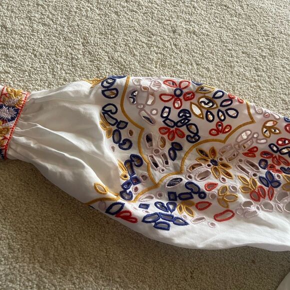 Kobi Halperin White and Blue Embellished Blouse with Mandarin Collar - Picture 2 of 4